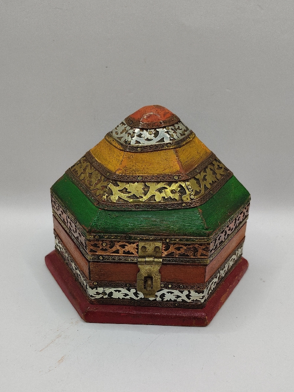 Vintage Handcrafted Hexagonal Decorative Trinket Box - Red, Green & Yellow